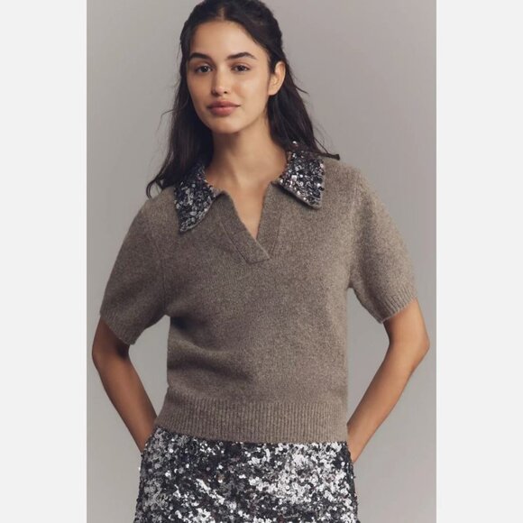 NWT Anthropologie Endless Rose Short-Sleeve Sequin-Collar Sweater Size M - Picture 1 of 10